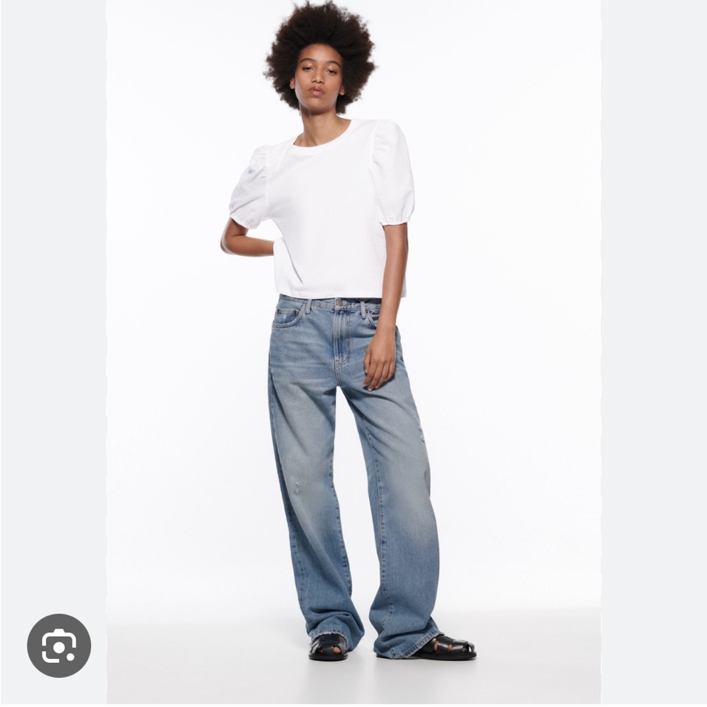 NWT Zara Mixed Poplin White Tee With Puffed Sleeves Sz M #0239 - Picture 2 of 6